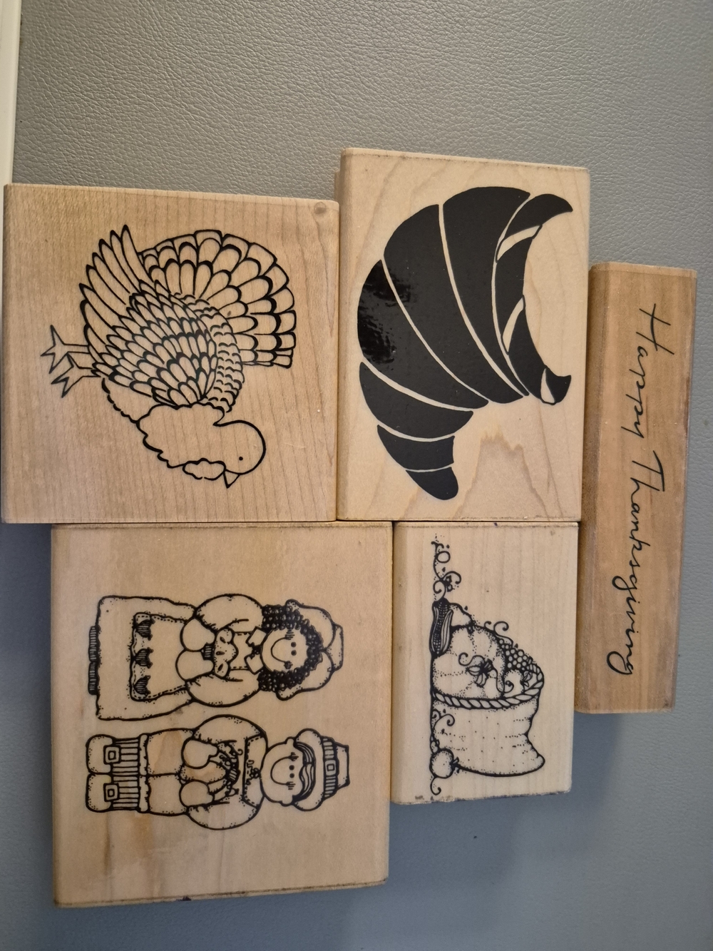 Source Unknown Natural Wood Thanksgiving Stamp Set with Black Impressions
